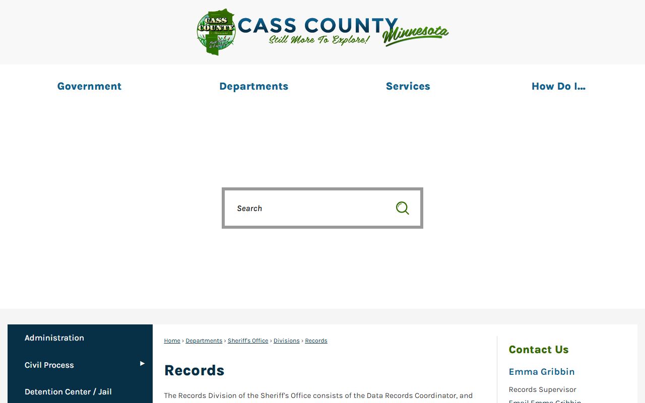 Cass County Sheriff's Records Division page for booking photo requests