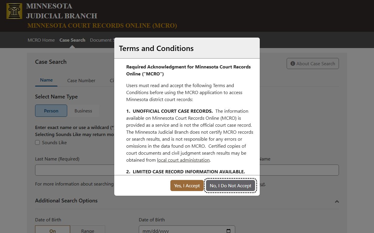Minnesota MCRO portal for Cass County court records after arrest